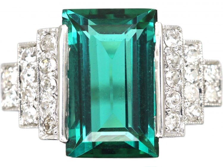 Art Deco Platinum, Green Tourmaline Ring with Diamond set Shoulders