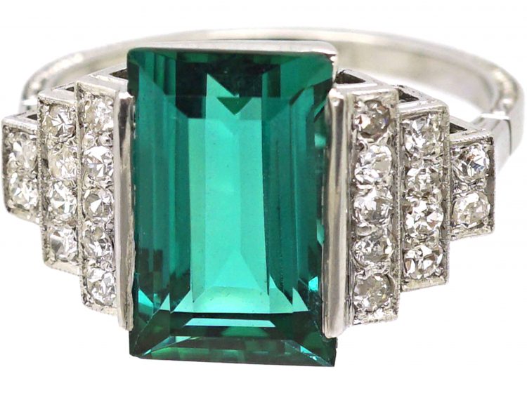 Art Deco Platinum, Green Tourmaline Ring with Diamond set Shoulders