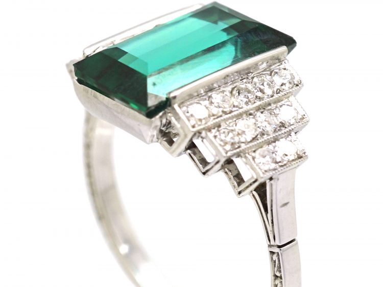 Art Deco Platinum, Green Tourmaline Ring with Diamond set Shoulders