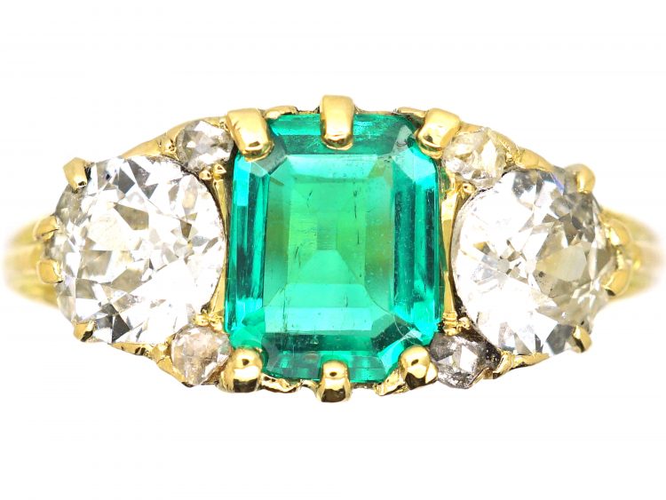 Victorian 18ct Gold, Three Stone Emerald & Diamond Carved Half Hoop Ring