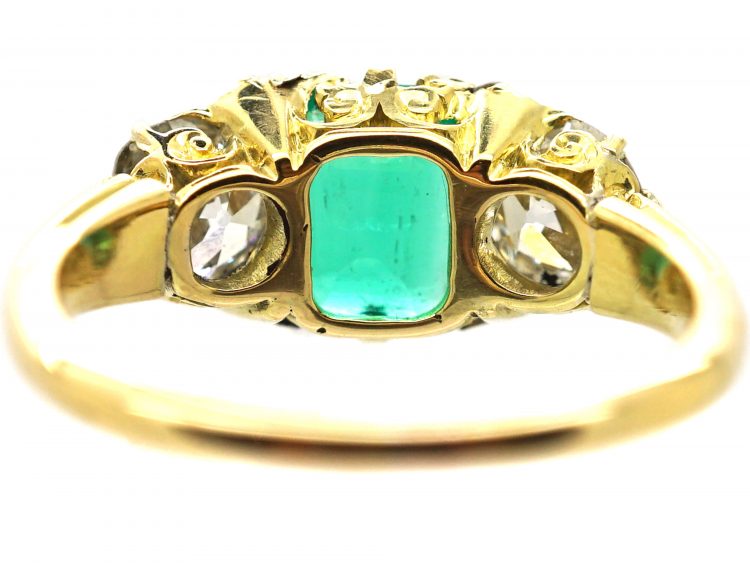 Victorian 18ct Gold, Three Stone Emerald & Diamond Carved Half Hoop Ring