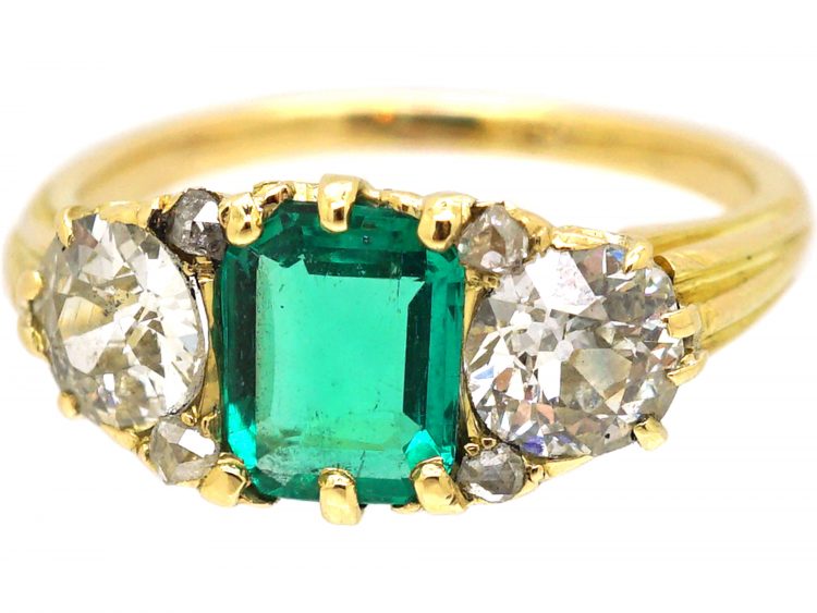 Victorian 18ct Gold, Three Stone Emerald & Diamond Carved Half Hoop Ring