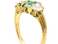 Victorian 18ct Gold, Three Stone Emerald & Diamond Carved Half Hoop Ring