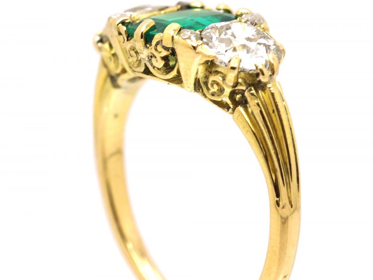 Victorian 18ct Gold, Three Stone Emerald & Diamond Carved Half Hoop Ring