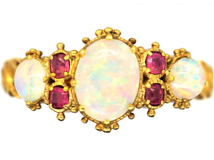 Early 19th Century 15ct Gold, Three Stone Opal & Ruby Ring