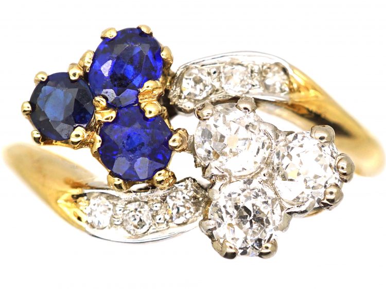 Edwardian 18ct Gold Crossover Trefoil Ring set with Sapphires & Diamonds