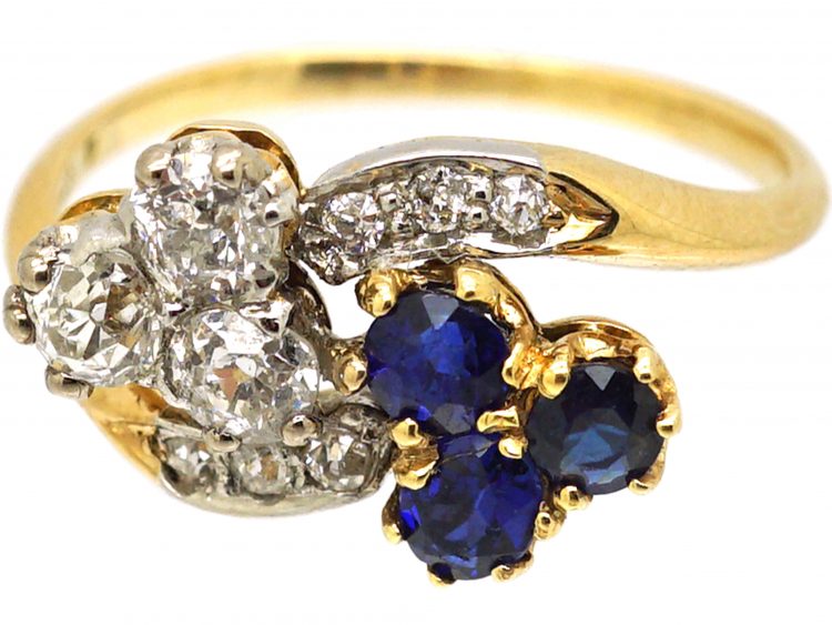 Edwardian 18ct Gold Crossover Trefoil Ring set with Sapphires & Diamonds