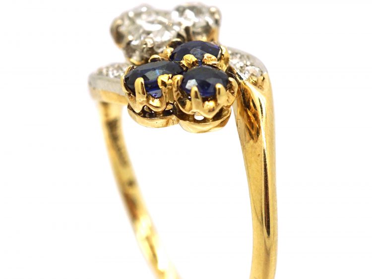 Edwardian 18ct Gold Crossover Trefoil Ring set with Sapphires & Diamonds