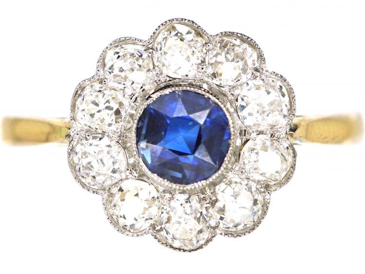 Edwardian 18ct Gold & Platinum, Sapphire & Diamond Cluster Ring