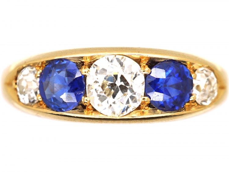 Victorian 18ct Gold, Sapphire & Diamond Five Stone Boat Shaped Ring