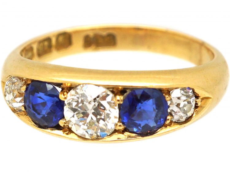 Victorian 18ct Gold, Sapphire & Diamond Five Stone Boat Shaped Ring