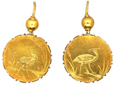 Victorian 15ct Gold Drop Earrings with Engraved Birds