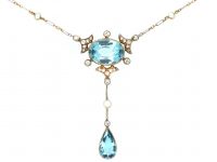 Edwardian 15ct Gold & Platinum, Aquamarine, Diamond & Natural Pearl Necklace