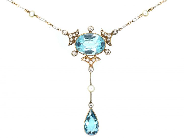 Edwardian 15ct Gold & Platinum, Aquamarine, Diamond & Natural Pearl Necklace