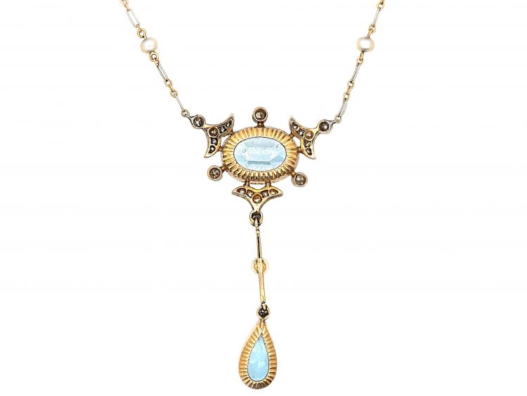 Edwardian 15ct Gold & Platinum, Aquamarine, Diamond & Natural Pearl Necklace