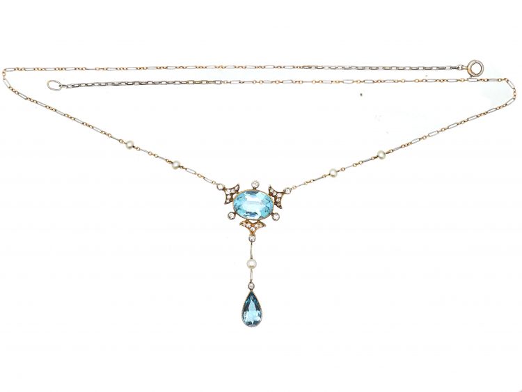 Edwardian 15ct Gold & Platinum, Aquamarine, Diamond & Natural Pearl Necklace