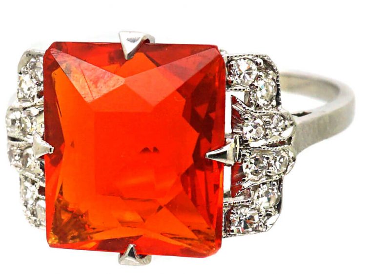 Art Deco Platinum, Fire Opal & Diamond Ring