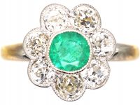 Edwardian 18ct Gold & Platinum, Emerald & Diamond Cluster Ring