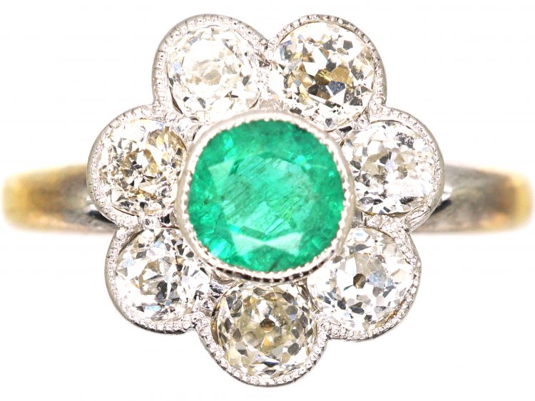 Edwardian 18ct Gold & Platinum, Emerald & Diamond Cluster Ring