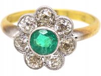 Edwardian 18ct Gold & Platinum, Emerald & Diamond Cluster Ring