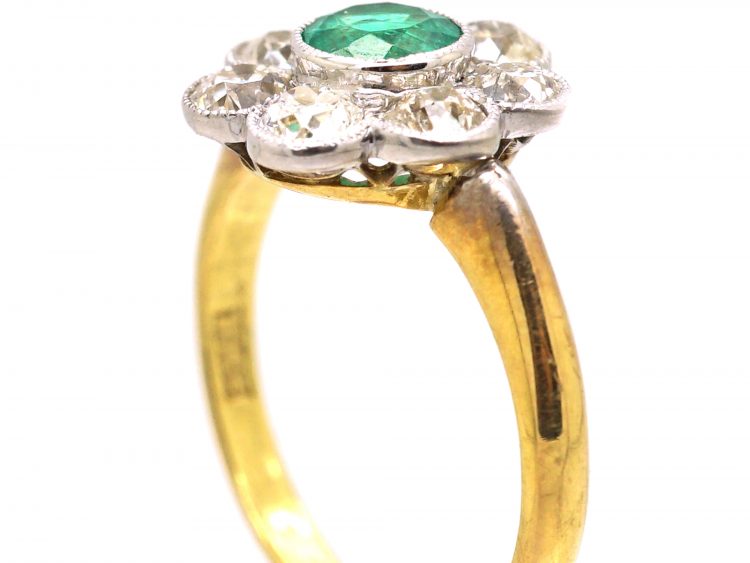 Edwardian 18ct Gold & Platinum, Emerald & Diamond Cluster Ring