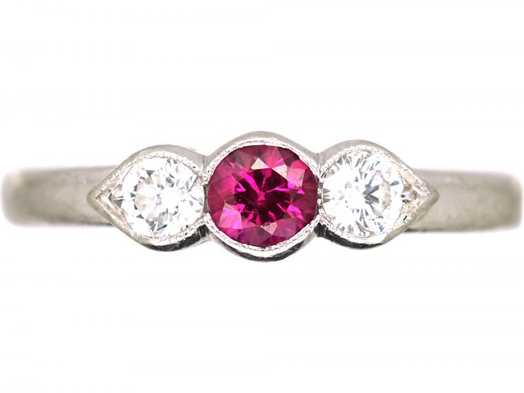 Platinum, Three Stone Ruby & Diamond Ring