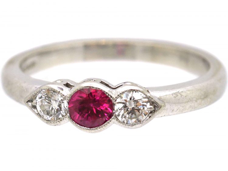 Platinum, Three Stone Ruby & Diamond Ring