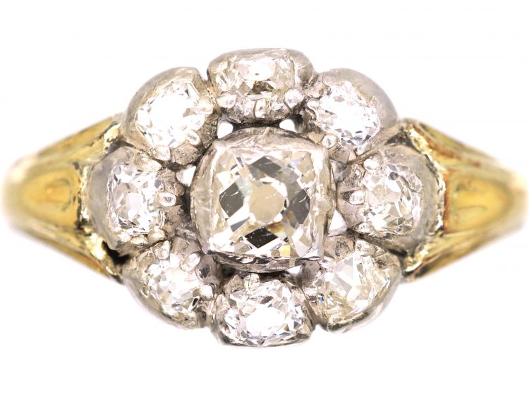 Georgian 15ct Gold & Silver, Old Mine Cut Diamond Cluster Ring