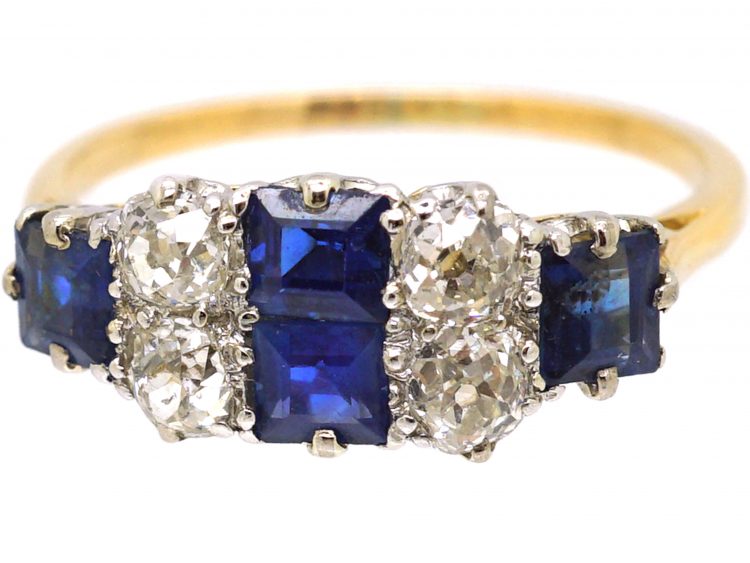 Edwardian 18ct Gold Square Cut Sapphire & Diamond Ring