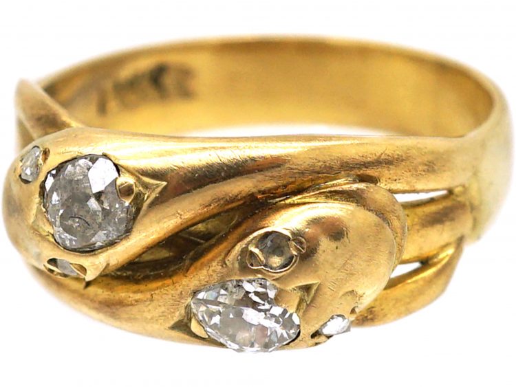 Edwardian 18ct Gold Double Snake Ring set with Old Mine Cut Diamonds