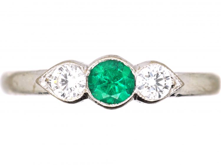 18ct White Gold, Three Stone Diamond & Emerald Ring