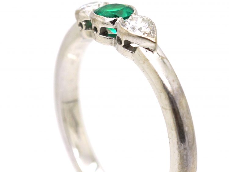 18ct White Gold, Three Stone Diamond & Emerald Ring