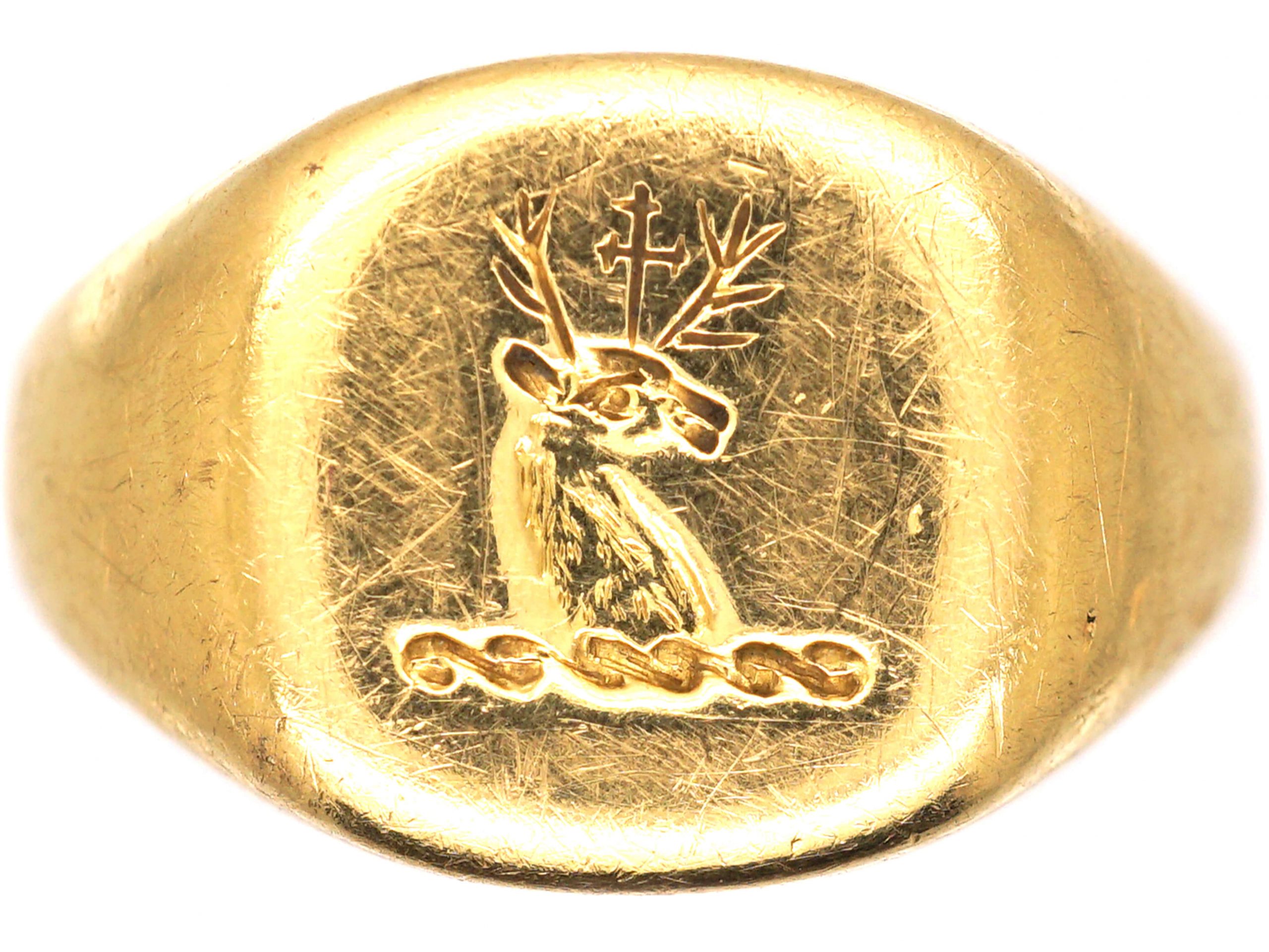 Early 20th Century 18ct Gold Signet Ring with Intaglio of a Stag s Head 35X The Antique Jewellery Company