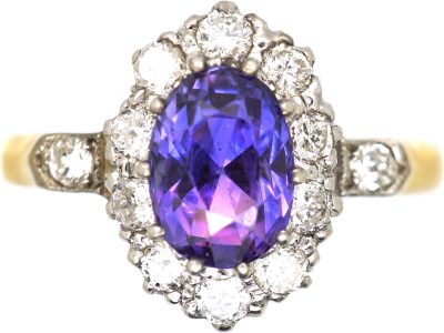 Edwardian 18ct Gold Colour Change Sapphire & Diamond Oval Cluster Ring with Diamond Set Shoulders