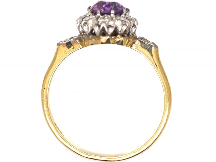 Edwardian 18ct Gold Colour Change Sapphire & Diamond Oval Cluster Ring with Diamond Set Shoulders