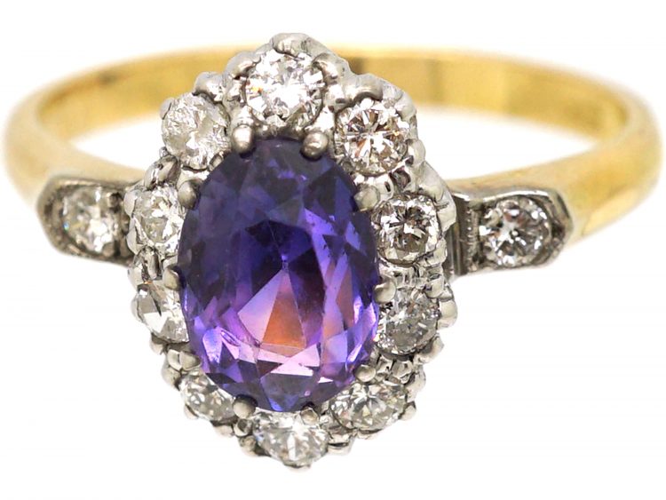 Edwardian 18ct Gold Colour Change Sapphire & Diamond Oval Cluster Ring with Diamond Set Shoulders