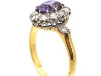 Edwardian 18ct Gold Colour Change Sapphire & Diamond Oval Cluster Ring with Diamond Set Shoulders