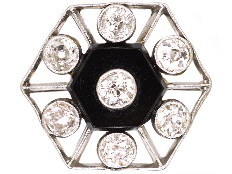 Art Deco 18ct Gold & Platinum, Onyx & Diamond Hexagonal Shaped Ring