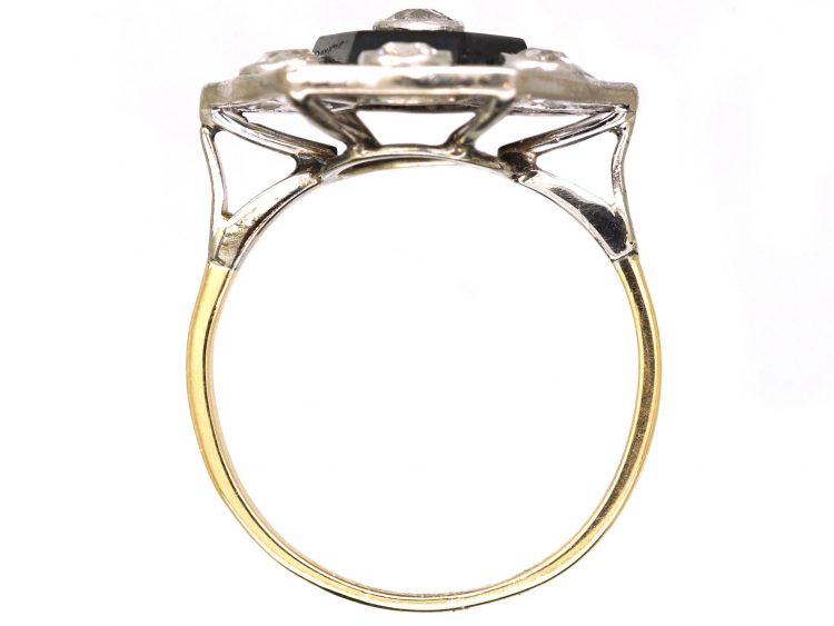 Art Deco 18ct Gold & Platinum, Onyx & Diamond Hexagonal Shaped Ring