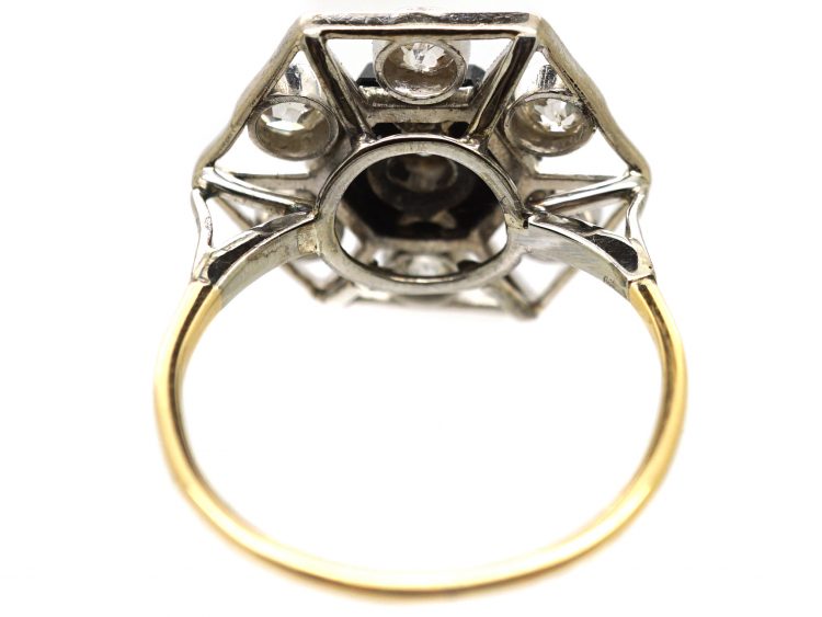 Art Deco 18ct Gold & Platinum, Onyx & Diamond Hexagonal Shaped Ring