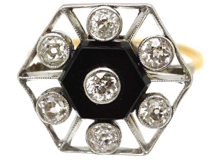 Art Deco 18ct Gold & Platinum, Onyx & Diamond Hexagonal Shaped Ring