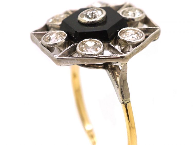 Art Deco 18ct Gold & Platinum, Onyx & Diamond Hexagonal Shaped Ring