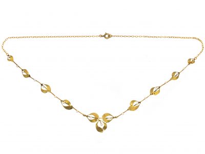 French Art Nouveau 18ct Two Colour Gold & Natural Pearl Mistletoe Necklace