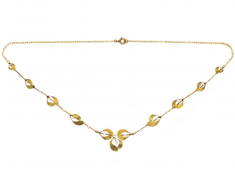 French Art Nouveau 18ct Two Colour Gold & Natural Pearl Mistletoe Necklace