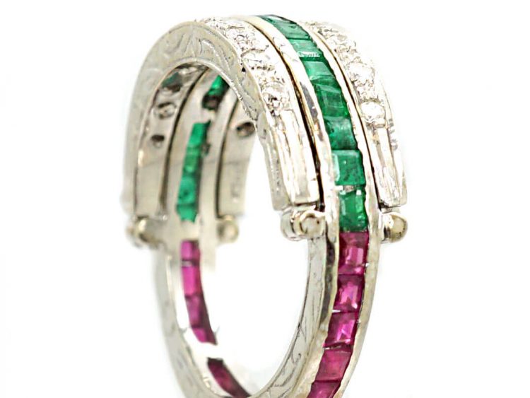 Art Deco 18ct White Gold Swivel Ring set with Rubies, Emeralds & Diamonds