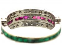 Art Deco 18ct White Gold Swivel Ring set with Rubies, Emeralds & Diamonds