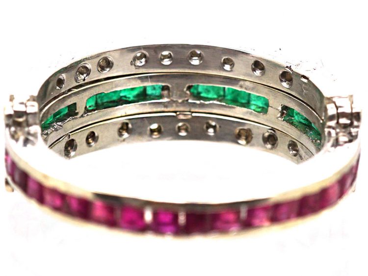 Art Deco 18ct White Gold Swivel Ring set with Rubies, Emeralds & Diamonds