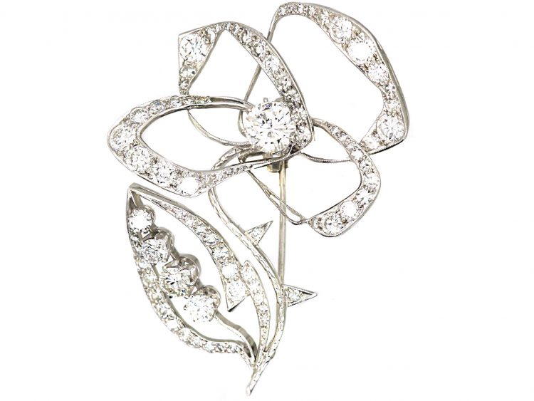 Vintage 18ct White Gold Diamond Set Rose Brooch