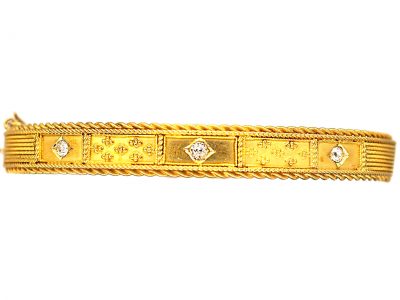 Victorian 15ct Gold Etruscan Revival Bangle set with Three Diamonds