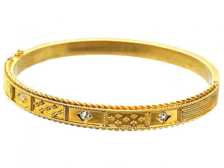 Victorian 15ct Gold Etruscan Revival Bangle set with Three Diamonds